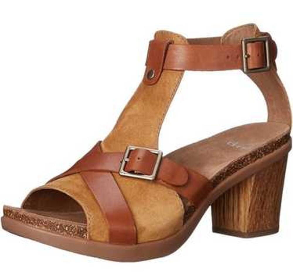 Dansko Dominique Tan T-Strap Sandal Leather Suede Block Heel 38 US 7.5-8